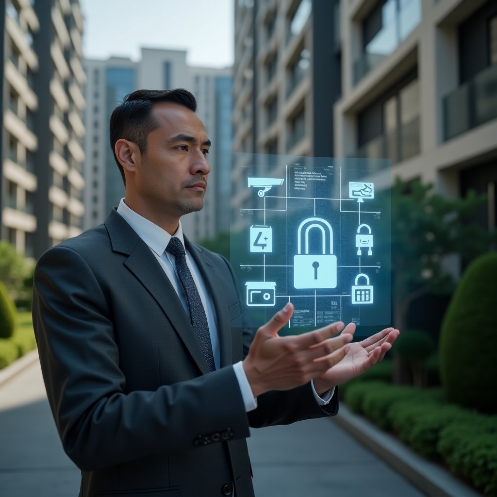 Ultra-realistic condominium security manager in a dark gray executive suit, set in a modern luxury condominium environment with high-rise buildings and manicured gardens, medium close-up analyzing a floating holographic interface showing surveillance camera icons, smart lock symbols and padlock holograms, confident expression, cinematic lighting, shallow depth of field, highly detailed textures, realistic skin, photographic realism, 8k resolution --ar 1:1 --v 6