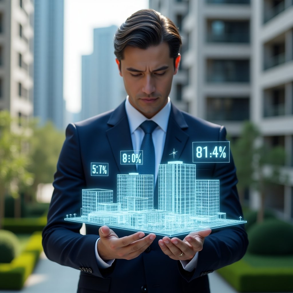 Ultra-realistic condominium manager in a tailored navy suit, set in a modern luxury condominium environment with high-rise buildings and manicured green landscaping, reviewing a holographic 3D model of a building divided into color-coded segments with percentage labels, confident and focused expression, symbolic floating icons of calculators and floor plans, cinematic lighting, shallow depth of field, highly detailed textures, realistic skin, photographic realism, 8k resolution --ar 1:1 --v 6