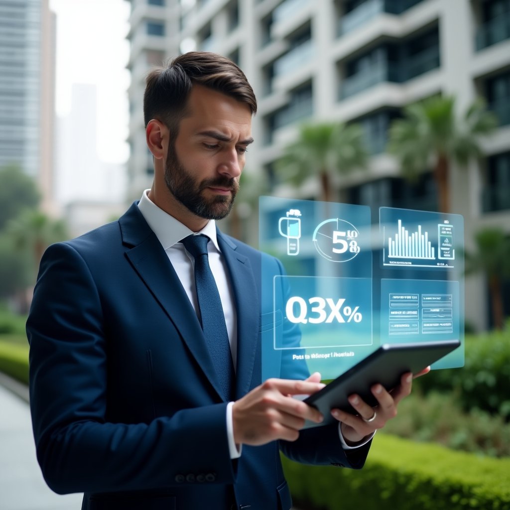 (Ultra-realistic condominium manager in a navy blue tailored suit, set in a modern luxury condominium environment with high-rise buildings and well-maintained green landscaping, mid-shot showing the manager examining holographic fractional ownership charts and percentages emerging from a tablet, surrounded by floating pie charts and floor plan overlays, confident and analytical expression, cinematic lighting, shallow depth of field, highly detailed textures, realistic skin, photographic realism, 8k resolution --ar 1:1 --v 6)