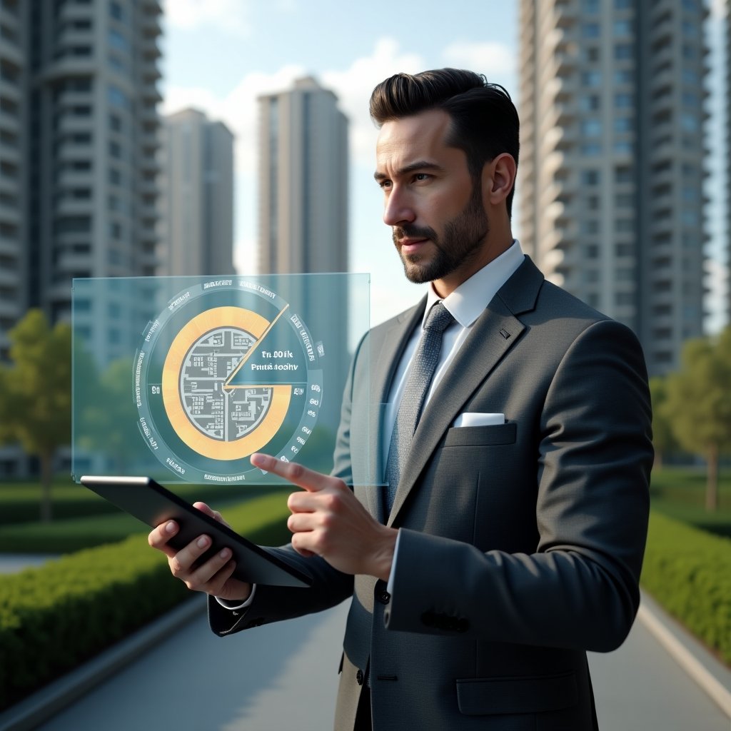 Ultra-realistic property manager in a charcoal gray suit, set in a modern luxury condominium environment with high-rise buildings and green landscaping, holding a tablet and pointing at a holographic 3D floor plan with highlighted fractional ownership percentages and a floating pie chart overlay, cinematic lighting, shallow depth of field, highly detailed textures, realistic skin, photographic realism, 8k resolution --ar 1:1 --v 6