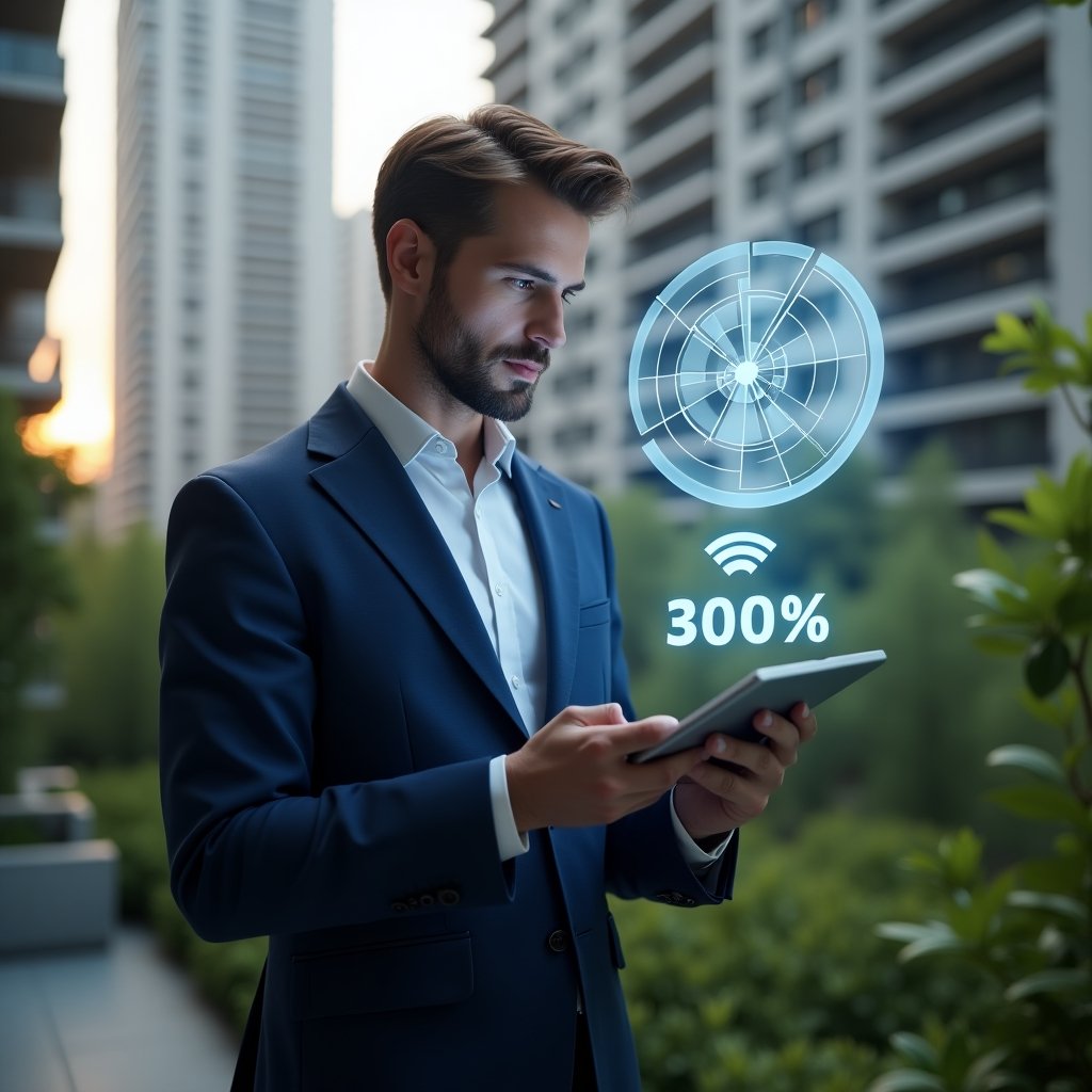 (Ultra-realistic condominium manager in a tailored navy blue suit, set in a modern luxury condominium environment with high-rise buildings and lush greenery, studying a floating holographic pie chart of voting fractions with a tablet in hand, holographic icons representing fractional voting weight influence, cinematic lighting, shallow depth of field, highly detailed textures, realistic skin, photographic realism, 8k resolution --ar 1:1 --v 6)