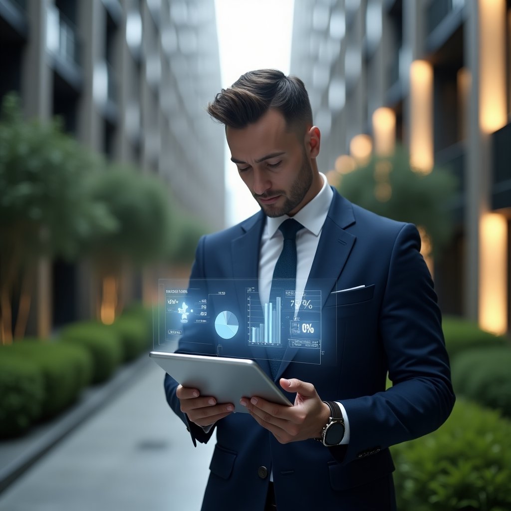 Ultra-realistic condominium manager in a tailored navy blue suit, set in a modern luxury condominium environment with high-rise buildings and manicured green landscaping, analyzing a digital tablet displaying holographic pie charts and percentage symbols representing ideal fractions and condo fees, thoughtful and confident expression, cinematic lighting, shallow depth of field, highly detailed textures, realistic skin, photographic realism, 8k resolution --ar 1:1 --v 6