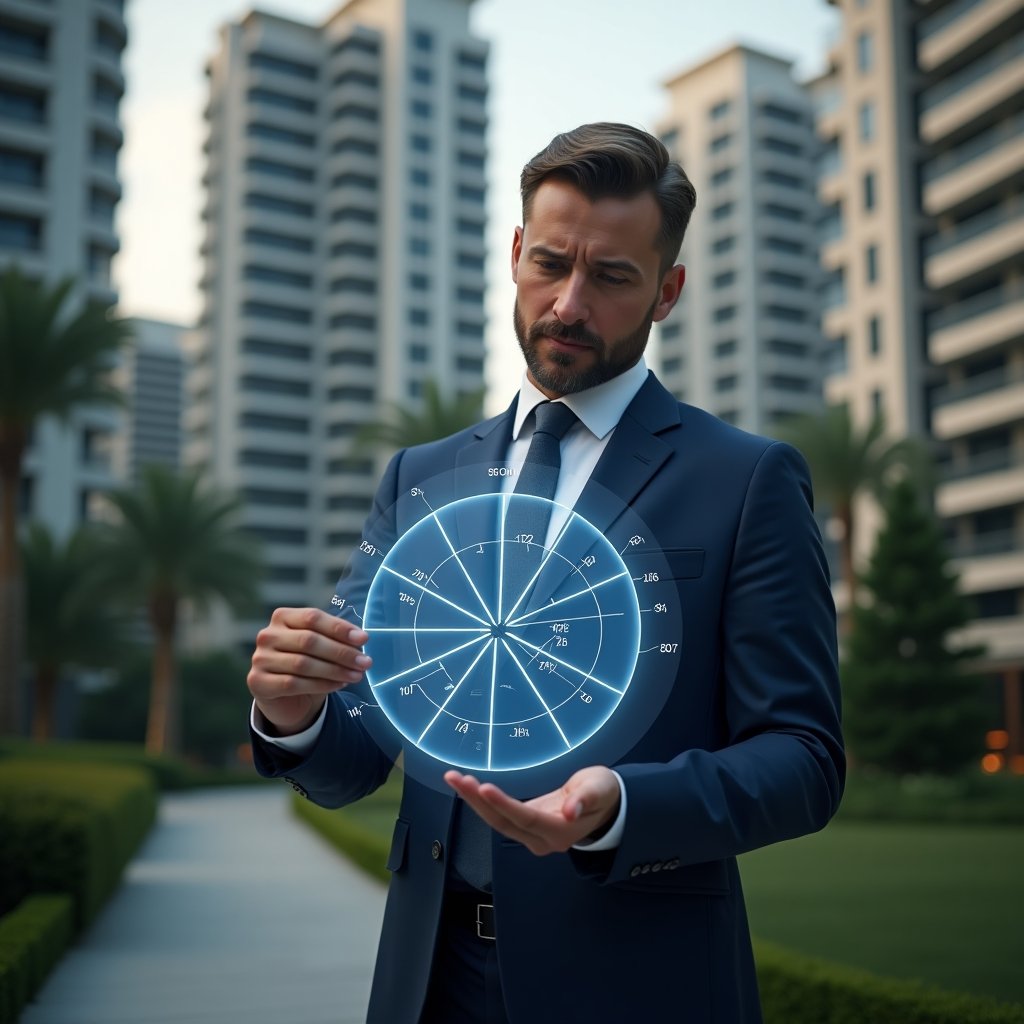 (Ultra-realistic condominium manager in a navy blue suit, set in a modern luxury condominium environment with high-rise buildings and meticulously landscaped gardens, examining a holographic pie chart of fraction ideal calculations, confident and thoughtful expression, cinematic lighting, shallow depth of field, highly detailed textures, realistic skin, photographic realism, 8k resolution --ar 1:1 --v 6)