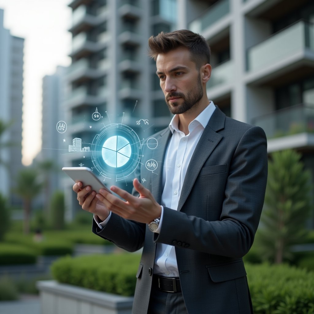 (Ultra-realistic condominium manager in a charcoal gray suit, set in a modern luxury condominium environment with high-rise buildings and green landscaping, holding a holographic pie chart displaying ideal fractions and analyzing financial data, fractional icons floating around representing fair cost distribution, confident and focused expression, cinematic lighting, shallow depth of field, highly detailed textures, realistic skin, photographic realism, 8k resolution --ar 1:1 --v 6)