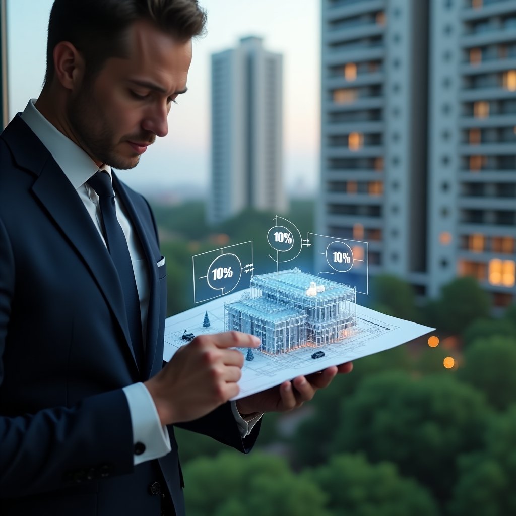 Ultra-realistic condominium manager in a dark navy suit, set in a modern luxury condominium environment with high-rise buildings and lush green landscaping, medium close-up shot, thoughtfully analyzing a holographic floor plan with highlighted unit percentages, floating percentage icons and transparent 3D condo model overlay, cinematic lighting, shallow depth of field, highly detailed textures, realistic skin, photographic realism, 8k resolution --ar 1:1 --v 6