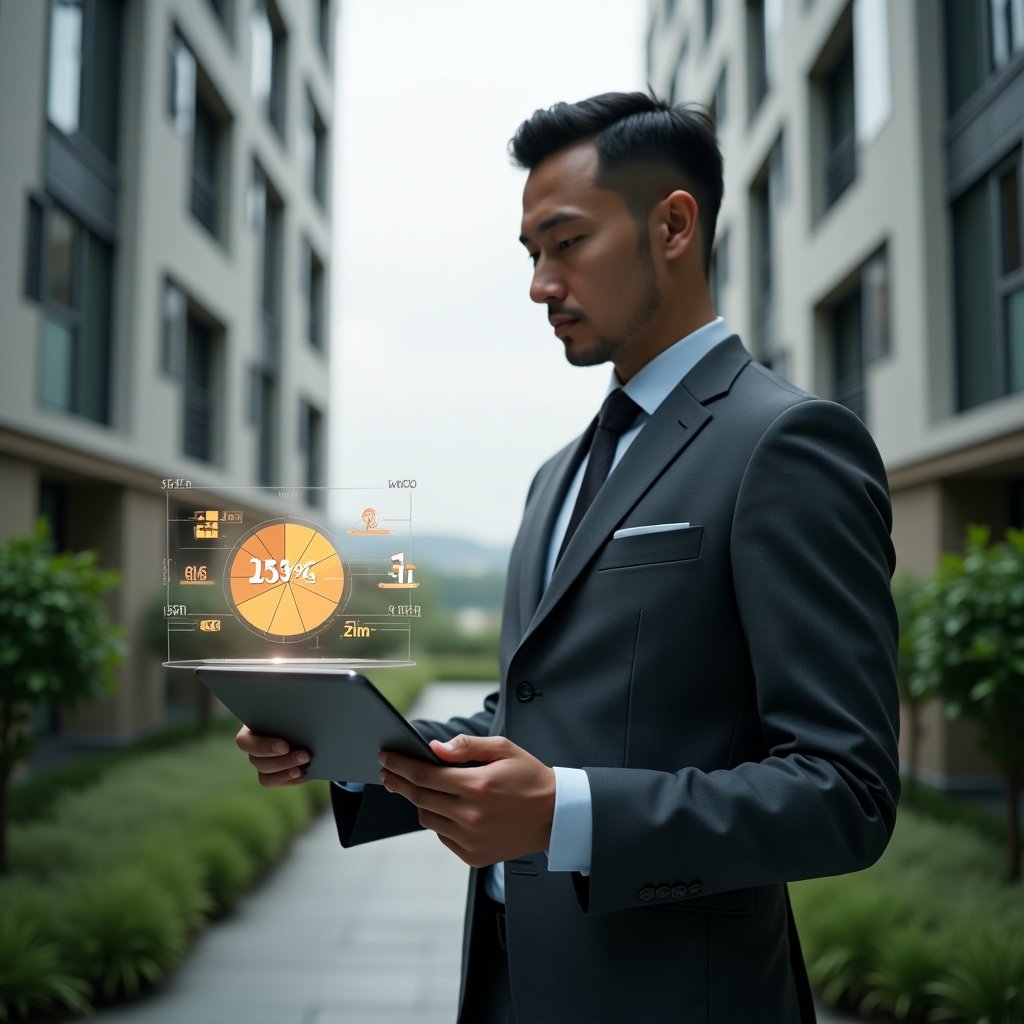 (Ultra-realistic condominium manager in a charcoal gray suit, set in a modern luxury condominium environment with high-rise buildings and green landscaping, mid-shot examining a holographic pie chart and numerical ratio floating above a tablet to illustrate “fração ideal”, thoughtful expression, cinematic lighting, shallow depth of field, highly detailed textures, realistic skin, photographic realism, 8k resolution --ar 1:1 --v 6)