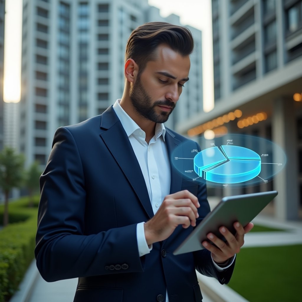 (Ultra-realistic condominium manager in a tailored navy suit, set in a modern luxury condominium environment with high-rise buildings in the background and manicured green landscaping, thoughtfully analyzing a holographic pie chart representing ideal fraction calculations floating above a sleek digital tablet, cinematic lighting, shallow depth of field, highly detailed textures, realistic skin, photographic realism, 8k resolution --ar 1:1 --v 6)