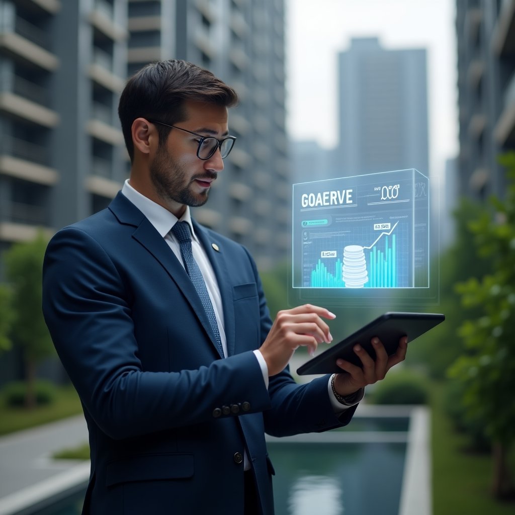 (Ultra-realistic condominium manager in a dark blue tailored suit, set in a modern luxury condominium environment with high-rise buildings and green landscaping, examining a holographic financial dashboard floating above a tablet showing reserve fund growth charts, translucent coin stack icon representing the fundo de reserva beside, cinematic lighting, shallow depth of field, highly detailed textures, realistic skin, photographic realism, 8k resolution --ar 1:1 --v 6)