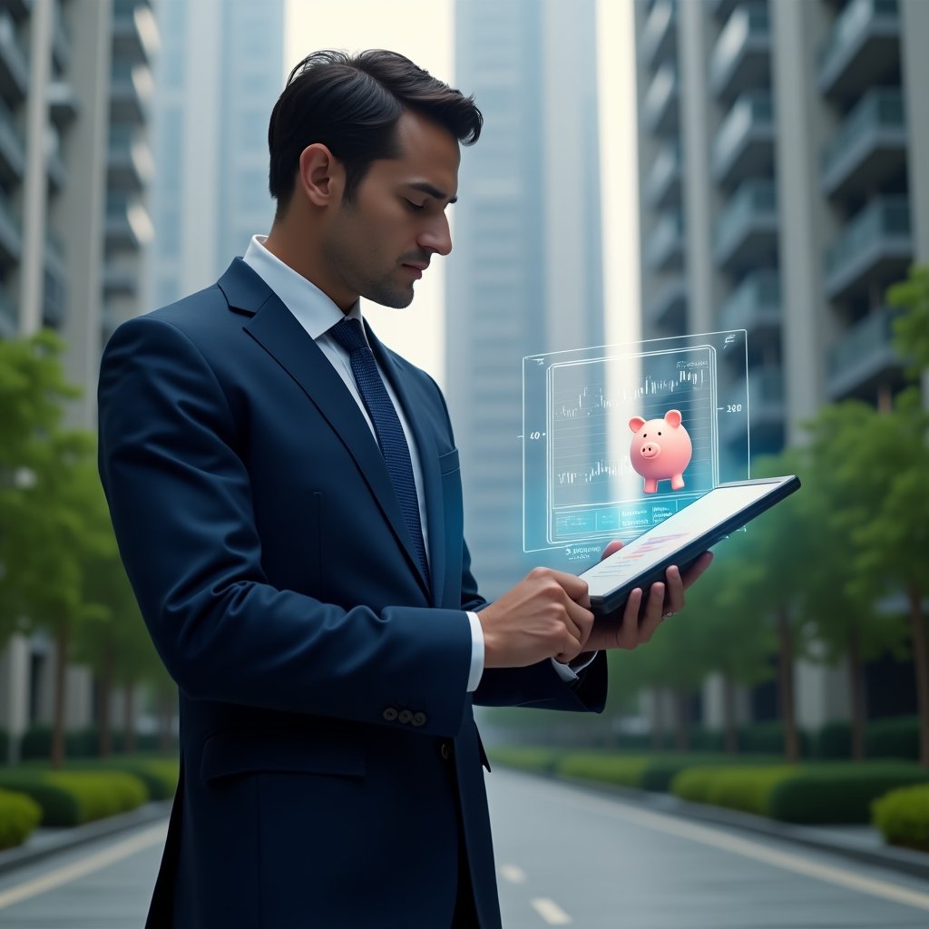 Ultra-realistic condominium manager in a navy blue tailored suit, set in a modern luxury condominium environment with high-rise buildings and lush green landscaping, confidently analyzing a holographic financial chart of reserve fund allocations projected from a tablet, with a floating piggy bank icon symbolizing the strategic reserve fund, cinematic lighting, shallow depth of field, highly detailed textures, realistic skin, photographic realism, 8k resolution --ar 1:1 --v 6