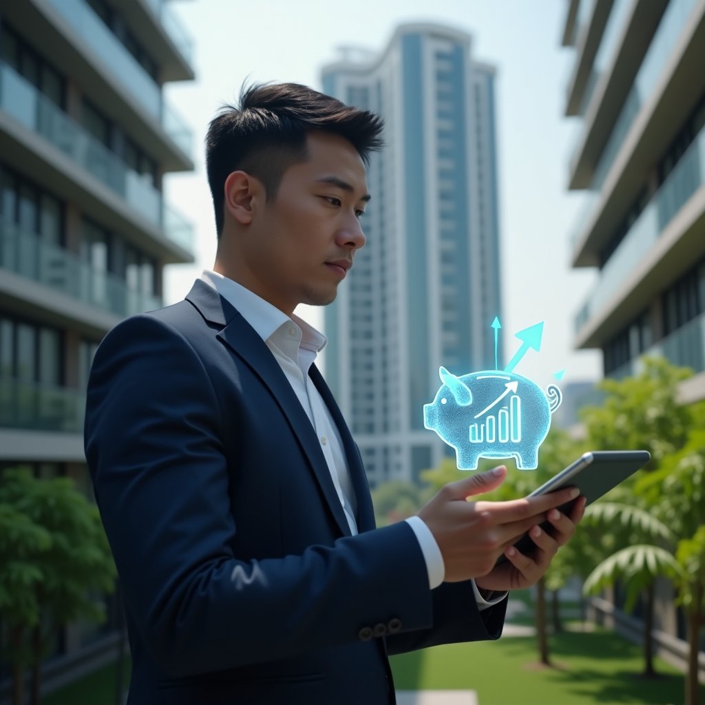 (Ultra-realistic condominium manager in a tailored navy suit, set in a modern luxury condominium environment with high-rise buildings and lush green landscaping, medium shot of a confident professional reviewing a tablet projecting a holographic piggy bank icon and upward financial chart, cinematic lighting, shallow depth of field, highly detailed textures, realistic skin, photographic realism, 8k resolution --ar 1:1 --v 6)