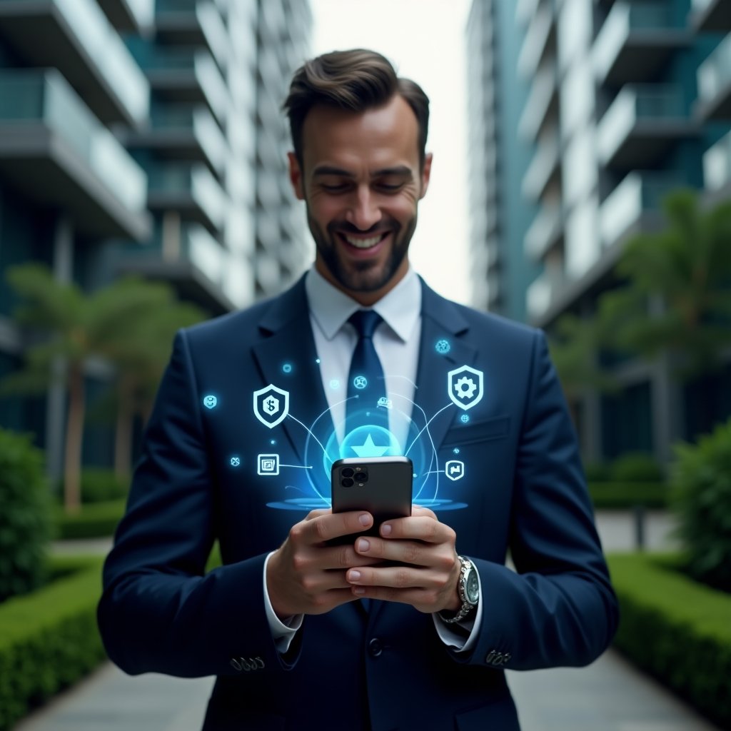 (Ultra-realistic condominium manager in an elegant navy suit, set in a modern luxury condominium environment with high-rise buildings and lush green landscaping, close-up shot of a confident professional holding a smartphone displaying holographic financial dashboards and app icons, surrounded by floating translucent symbols of security shields, communication bubbles and integration gears, cinematic lighting, shallow depth of field, highly detailed textures, realistic skin, photographic realism, 8k resolution --ar 1:1 --v 6)