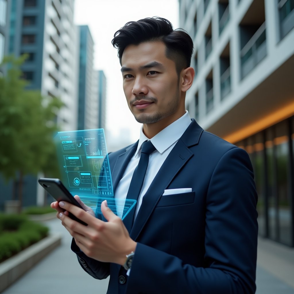 (Ultra-realistic condominium manager in a navy blue executive suit, set in a modern luxury condominium environment with high-rise buildings and lush green landscaping, holding a smartphone that projects a holographic dashboard displaying financial graphs, reservation calendar and chat icons, confident and focused expression, cinematic lighting, shallow depth of field, highly detailed textures, realistic skin, photographic realism, 8k resolution --ar 1:1 --v 6)