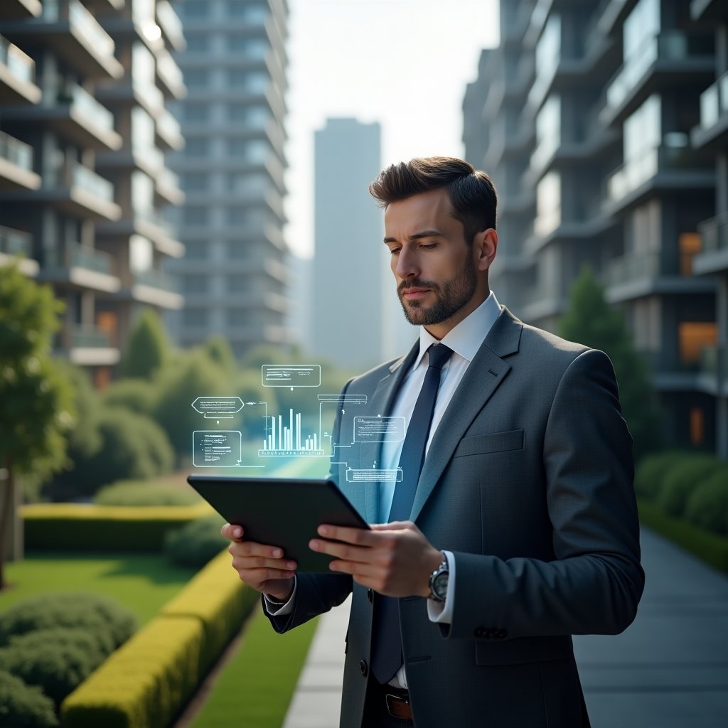 Ultra-realistic condo manager in a charcoal gray executive suit, set in a modern luxury condominium environment with high-rise buildings and manicured green landscaping, holding a tablet with floating holographic financial graphs and chat icons, confidently reviewing transparent reports and communication flow, cinematic lighting, shallow depth of field, highly detailed textures, realistic skin, photographic realism, 8k resolution --ar 1:1 --v 6
