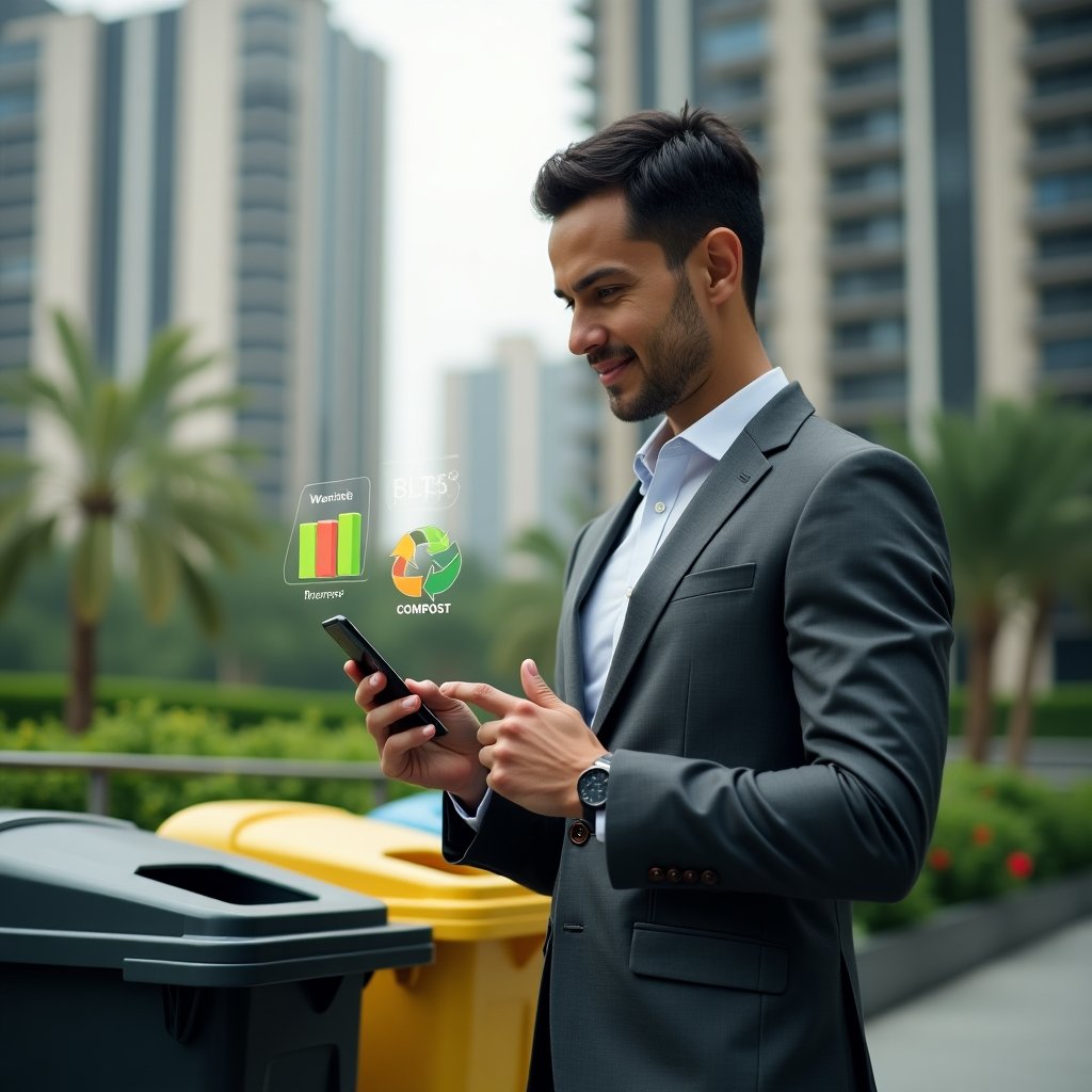 (Ultra-realistic condominium manager in a charcoal gray suit, set in a modern luxury condominium environment with high-rise buildings and green landscaping, standing confidently holding a smartphone displaying a waste management app while pointing at color-coded recycling bins, holographic recycling and compost icons floating around, cinematic lighting, shallow depth of field, highly detailed textures, realistic skin, photographic realism, 8k resolution --ar 1:1 --v 6)
