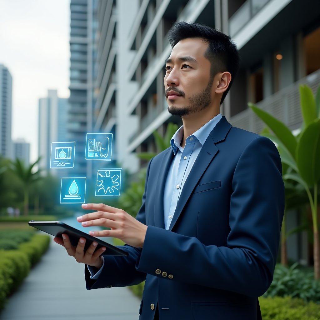 (Ultra-realistic condominium manager in a navy blue suit, set in a modern luxury condominium environment with high-rise buildings and lush green landscaping, holding a tablet displaying floating holographic icons representing energy efficiency, water conservation, strategic planning, preventive maintenance and community engagement, gesturing confidently towards the holograms, cinematic lighting, shallow depth of field, highly detailed textures, realistic skin, photographic realism, 8k resolution --ar 1:1 --v 6)