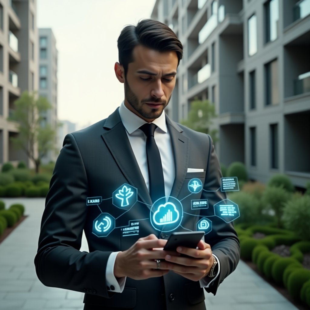 Ultra-realistic condominium manager in a sleek charcoal suit, set in a modern luxury condominium environment with high-rise buildings and manicured green landscaping, holding a smartphone and interacting with floating holographic icons for communication, finance charts and area reservations, confident and focused expression, cinematic lighting, shallow depth of field, highly detailed textures, realistic skin, photographic realism, 8k resolution --ar 1:1 --v 6