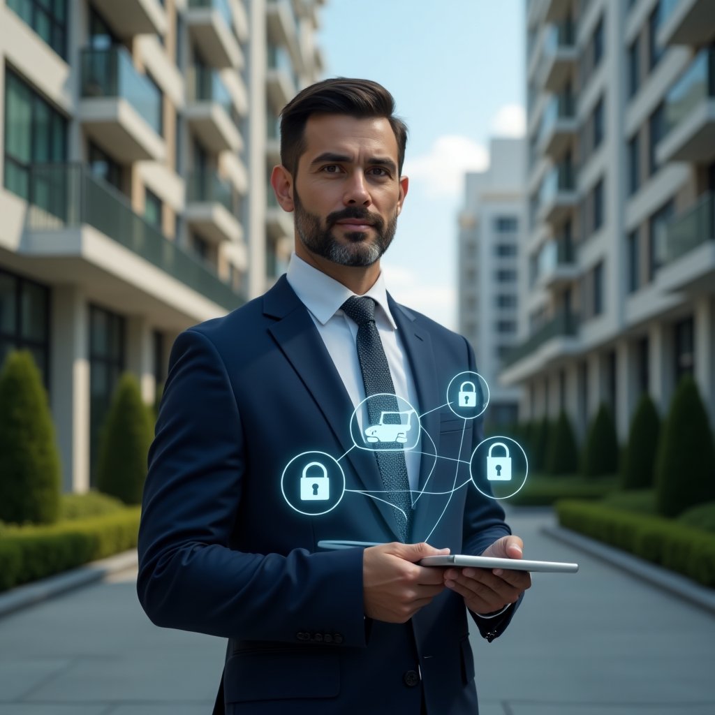 Ultra-realistic condominium manager in a dark blue tailored suit, set in a modern luxury condominium environment with high-rise buildings and manicured green landscaping, confidently holding a tablet displaying holographic security camera feeds and floating padlock icons, cinematic lighting, shallow depth of field, highly detailed textures, realistic skin, photographic realism, 8k resolution --ar 1:1 --v 6