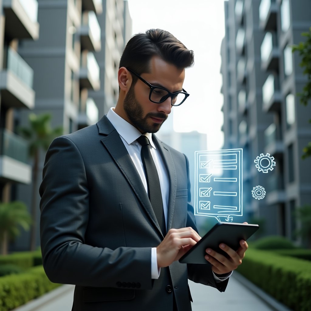 (Ultra-realistic condominium manager in a charcoal gray suit, set in a modern luxury condominium environment with high-rise buildings and green landscaping, reviewing a maintenance schedule on a digital tablet, surrounded by holographic checklist and gear icons symbolizing preventive upkeep, confident and focused expression, cinematic lighting, shallow depth of field, highly detailed textures, realistic skin, photographic realism, 8k resolution --ar 1:1 --v 6)
