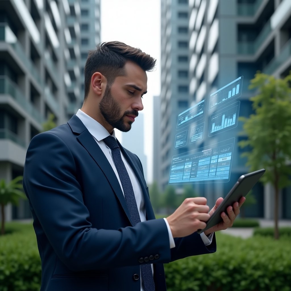 (Ultra-realistic property manager in a navy blue business suit, set in a modern luxury condominium environment with high-rise buildings and green landscaping, reviewing a holographic financial report projected above a tablet, confident and focused expression, floating charts and graphs symbolizing transparent accounting, cinematic lighting, shallow depth of field, highly detailed textures, realistic skin, photographic realism, 8k resolution --ar 1:1 --v 6)