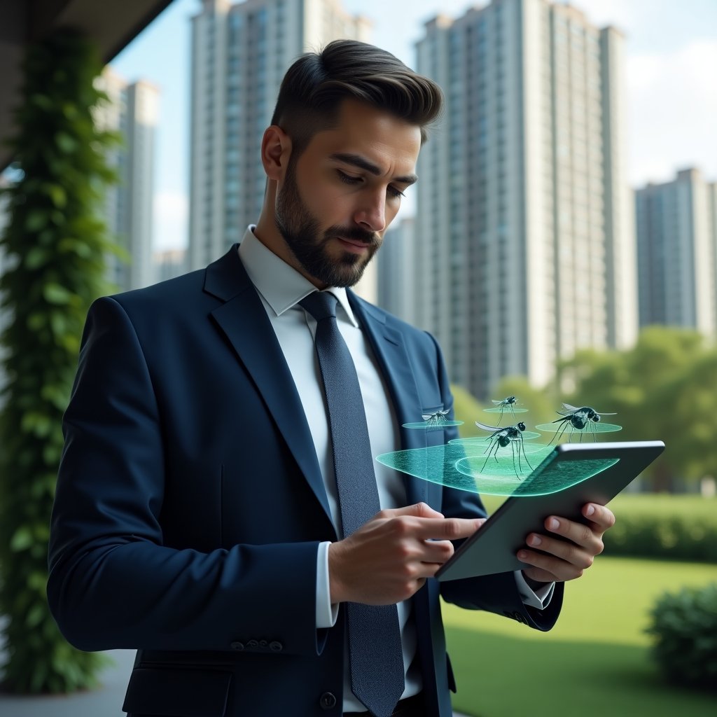 (Ultra-realistic condominium manager in a navy blue suit, set in a modern luxury condominium environment with high-rise buildings and lush green landscaping, examining a tablet displaying a holographic map of mosquito breeding hotspots, confident and focused expression, cinematic lighting, shallow depth of field, highly detailed textures, realistic skin, photographic realism, 8k resolution --ar 1:1 --v 6)