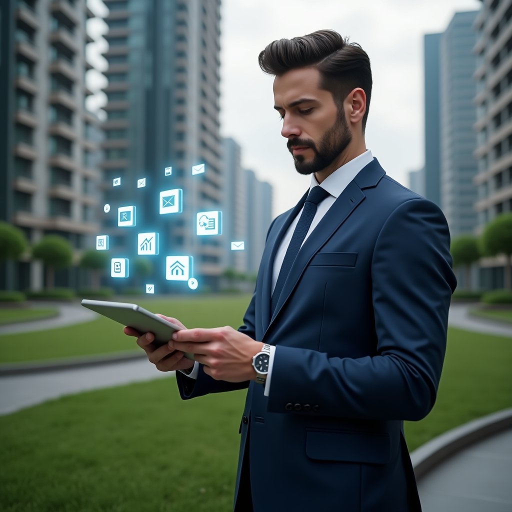 (Ultra-realistic condominium manager in a tailored navy blue suit, set in a modern luxury condominium environment with high-rise buildings and meticulously landscaped green areas, holding a digital tablet and interacting with floating holographic app icons for finance, messaging, and reservations, confident and focused expression, cinematic lighting, shallow depth of field, highly detailed textures, realistic skin, photographic realism, 8k resolution --ar 1:1 --v 6)