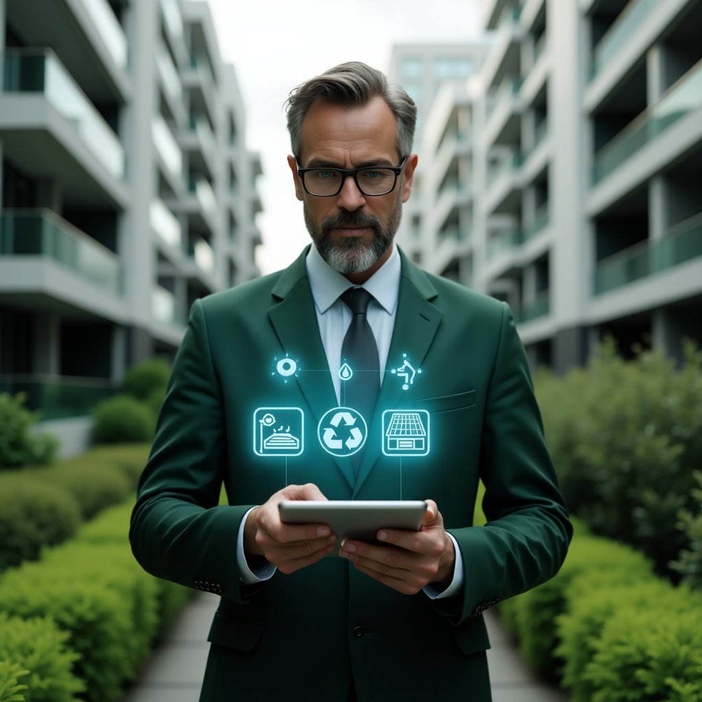(Ultra-realistic property manager in a dark green suit, set in a modern luxury condominium environment with high-rise buildings and lush green landscaping, analyzing a holographic interface of rainwater harvesting, solar panel and recycling icons on a floating tablet, confident expression, cinematic lighting, shallow depth of field, highly detailed textures, realistic skin, photographic realism, 8k resolution --ar 1:1 --v 6)