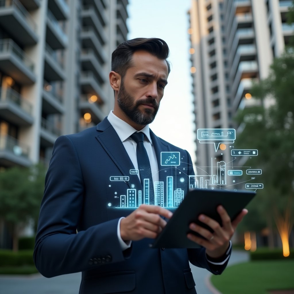Ultra-realistic condominium manager in a tailored navy suit, set in a modern luxury condominium environment with high-rise buildings and manicured green landscaping, reviewing digital charts on a tablet with holographic icons of financial graphs, communication bubbles and building layouts surrounding them, confident and focused expression, cinematic lighting, shallow depth of field, highly detailed textures, realistic skin, photographic realism, 8k resolution --ar 1:1 --v 6
