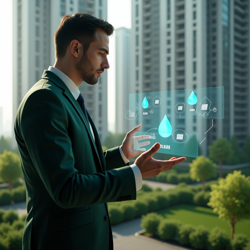 (Ultra-realistic condominium manager in a sleek dark green suit, set in a modern luxury condominium environment with high-rise buildings and manicured green landscaping, examining a holographic display of solar panel and water droplet icons symbolizing sustainable resource management, cinematic lighting, shallow depth of field, highly detailed textures, realistic skin, photographic realism, 8k resolution --ar 1:1 --v 6)