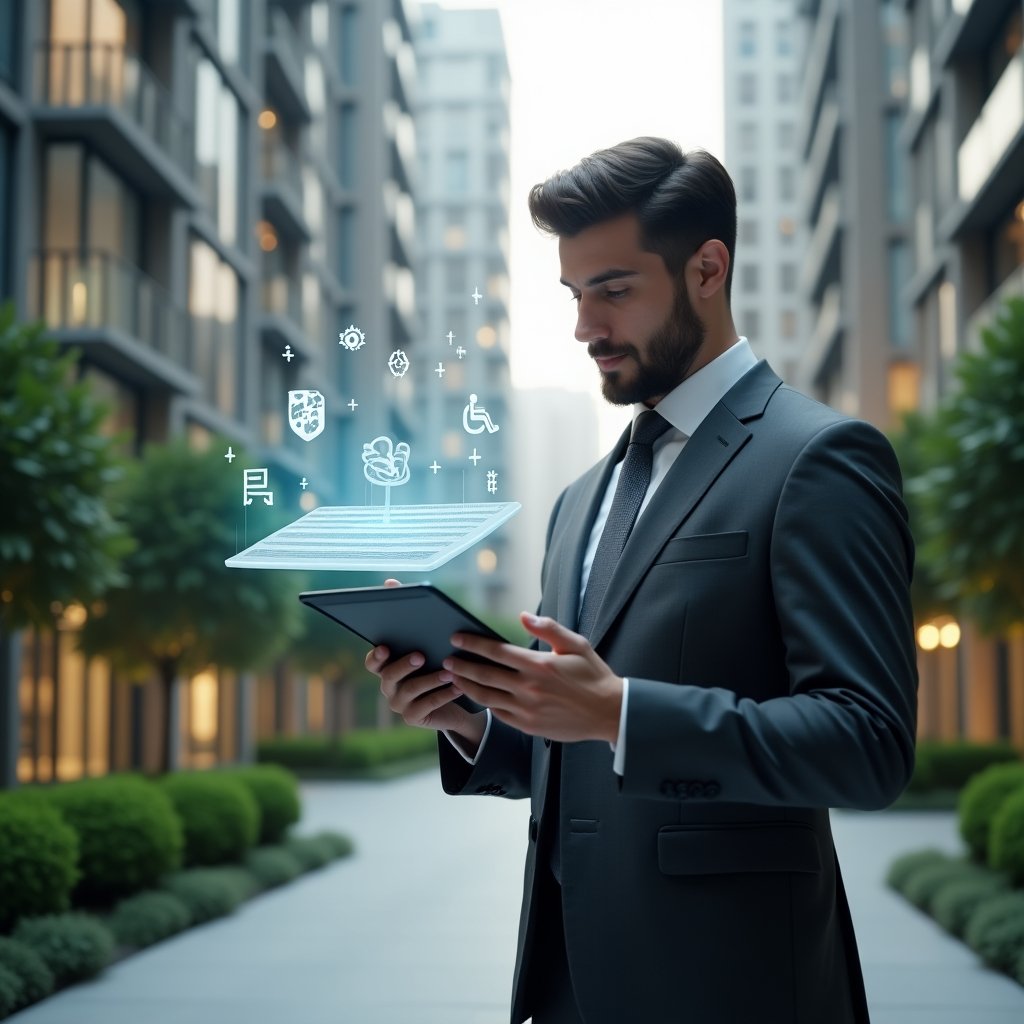 Ultra-realistic condominium manager in a charcoal gray suit, set in a modern luxury condominium environment with high-rise buildings and well-kept green landscaping, medium shot of the manager holding a tablet and pointing at a holographic universal accessibility ramp model, surrounded by floating icons of wheelchair, braille signage, and tactile floor indicators, cinematic lighting, shallow depth of field, highly detailed textures, realistic skin, photographic realism, 8k resolution --ar 1:1 --v 6
