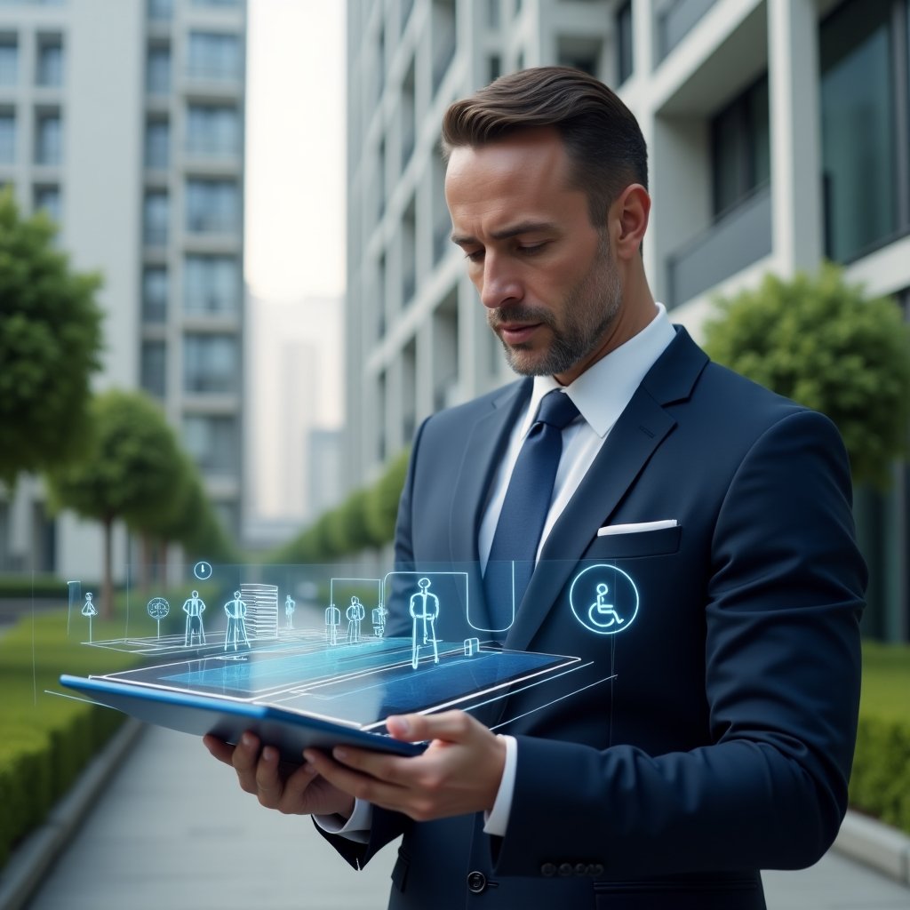 Ultra-realistic condominium manager in a navy suit, set in a modern luxury condominium environment with high-rise buildings and green landscaping, examining a digital tablet displaying a holographic universal design blueprint for ramps and tactile paving, floating accessibility icons around, confident and thoughtful expression, cinematic lighting, shallow depth of field, highly detailed textures, realistic skin, photographic realism, 8k resolution --ar 1:1 --v 6