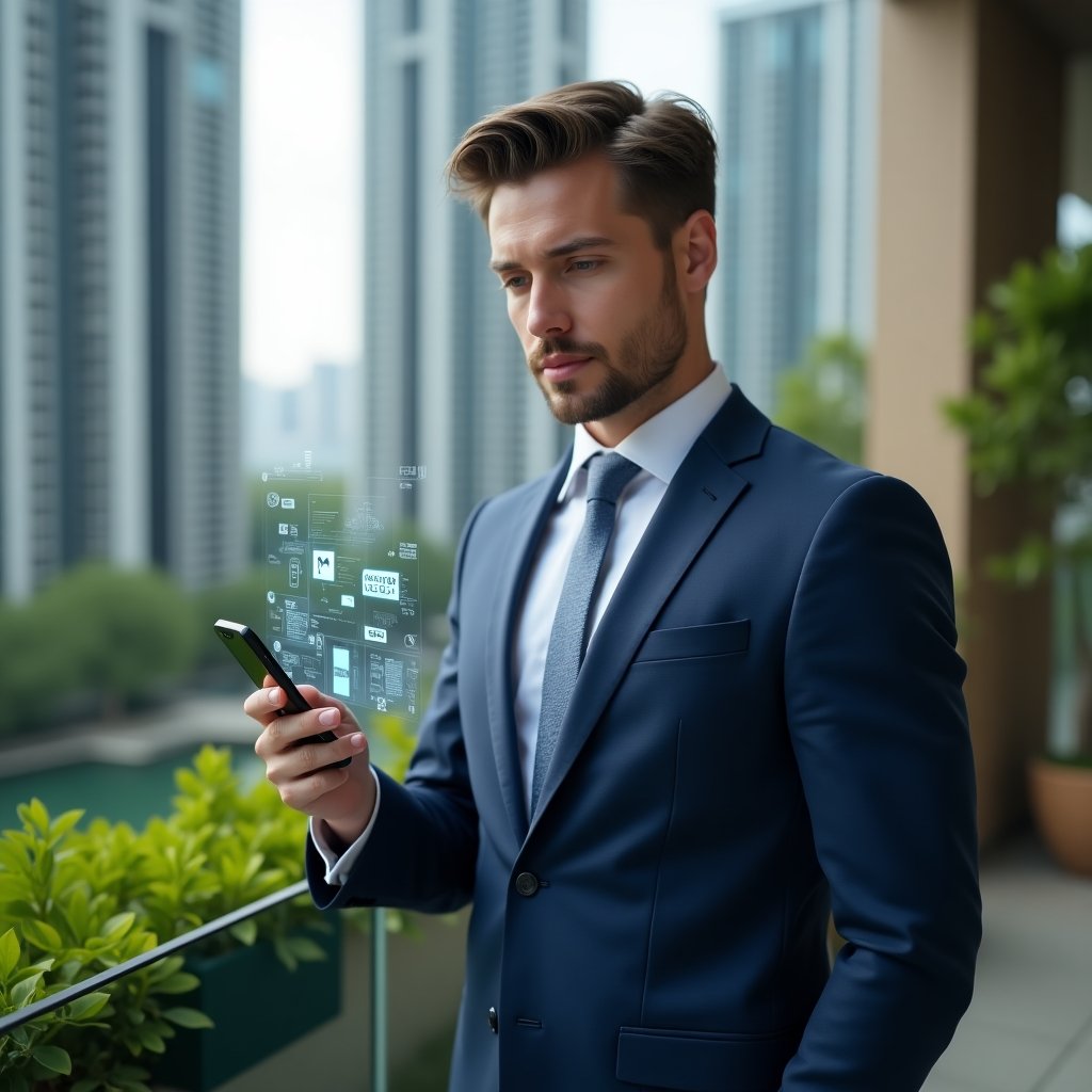 Ultra-realistic condominium manager in a navy blue suit, set in a modern luxury condominium environment with high-rise buildings and lush green landscaping, holding a smartphone displaying holographic icons of chat, finance and reservation scheduling, confident focused expression, cinematic lighting, shallow depth of field, highly detailed textures, realistic skin, photographic realism, 8k resolution --ar 1:1 --v 6