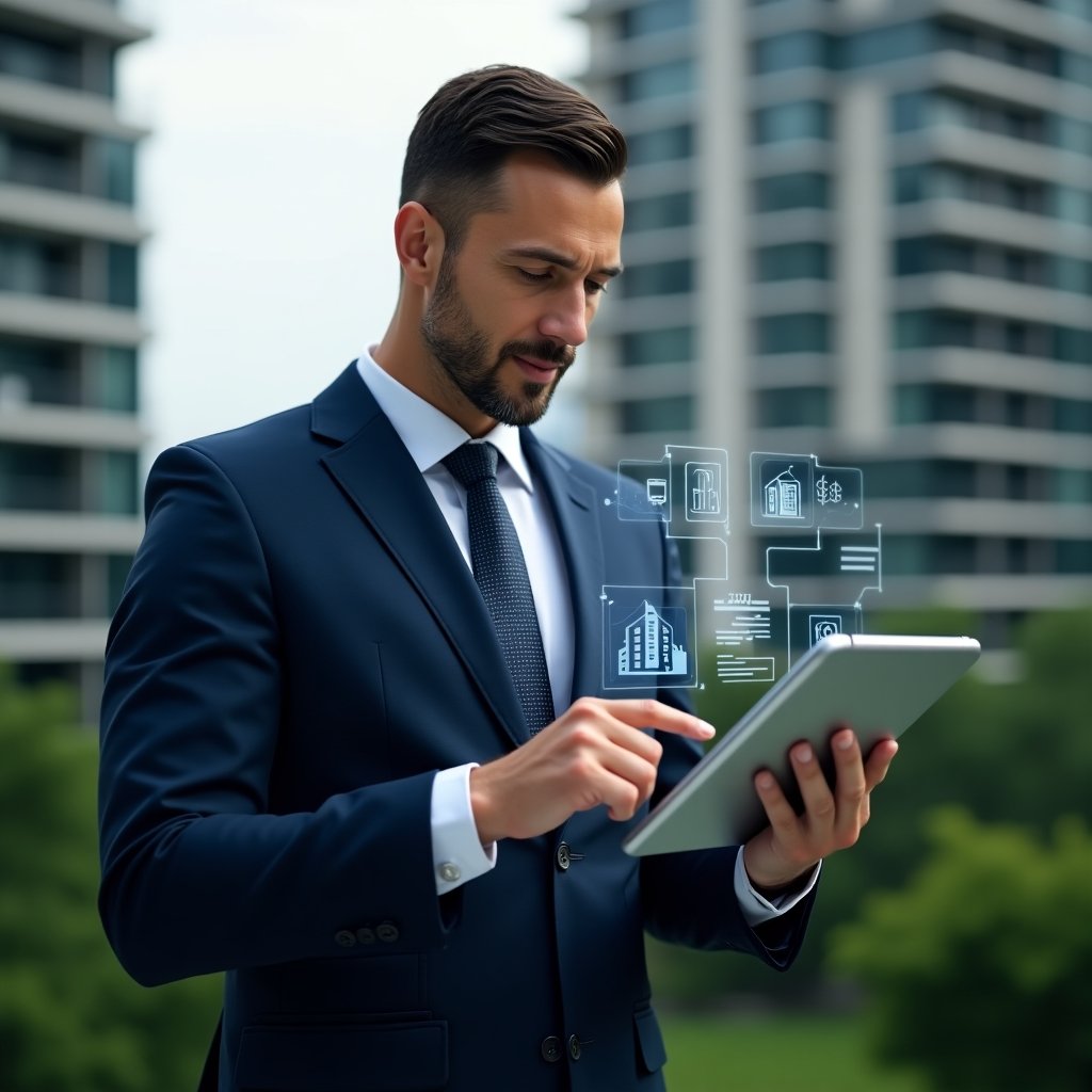 (Ultra-realistic condominium manager in a navy executive suit, set in a modern luxury condominium environment with high-rise buildings and lush green landscaping, medium close-up of a confident professional tapping on a tablet with a holographic aplicativo para condomínio interface displaying financial charts and maintenance icons, cinematic lighting, shallow depth of field, highly detailed textures, realistic skin, photographic realism, 8k resolution --ar 1:1 --v 6)