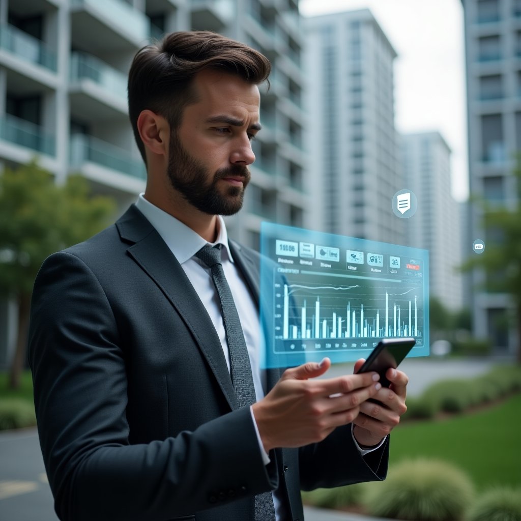 Ultra-realistic condominium manager in a sleek dark gray suit, set in a modern luxury condominium environment with high-rise buildings and green landscaping, holding a smartphone and analyzing a holographic dashboard showing declining delinquency rates, floating holographic invoice and payment icons around, confident and focused expression, cinematic lighting, shallow depth of field, highly detailed textures, realistic skin, photographic realism, 8k resolution --ar 1:1 --v 6