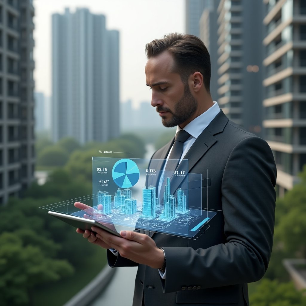Ultra-realistic condominium manager in a charcoal gray executive suit, set in a modern luxury condominium environment with high-rise buildings and manicured green spaces, medium shot of a professional thoughtfully examining a holographic 3D pie chart overlaid on building floor plans, holding a tablet displaying digital fraction ideal calculations, cinematic lighting, shallow depth of field, highly detailed textures, realistic skin, photographic realism, 8k resolution --ar 1:1 --v 6