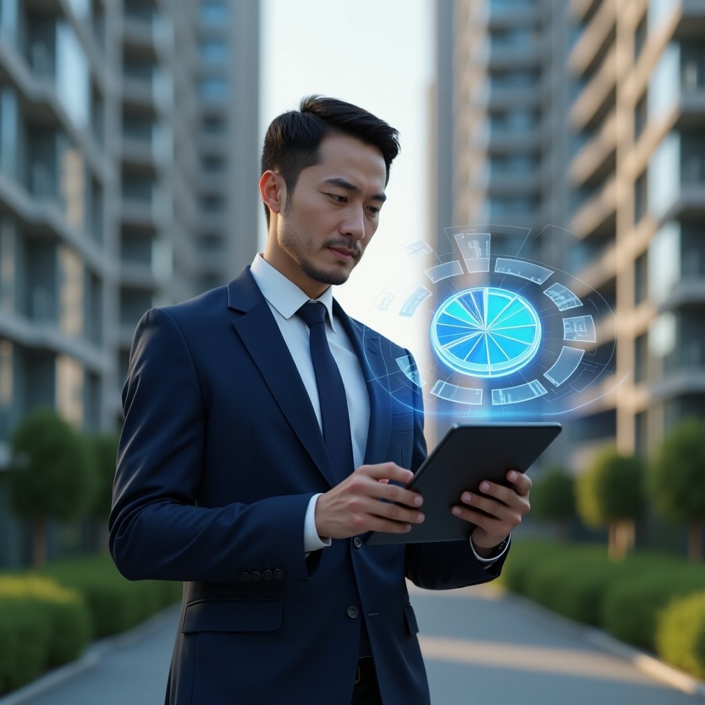 Ultra-realistic condominium manager in a navy suit, set in a modern luxury condominium environment with high-rise buildings and green landscaping, examining a holographic pie chart of building fractions projected from a digital tablet, floating 3D unit icons around him, confident expression, cinematic lighting, shallow depth of field, highly detailed textures, realistic skin, photographic realism, 8k resolution --ar 1:1 --v 6