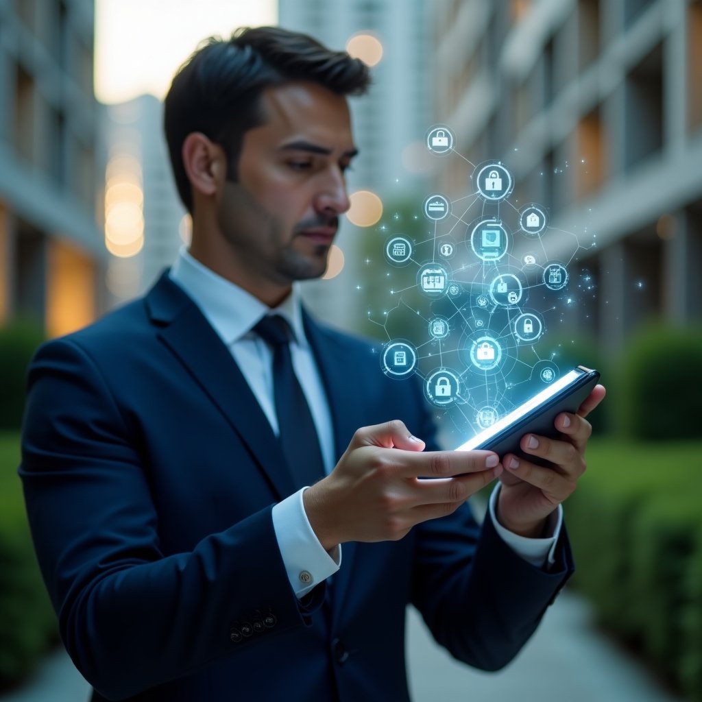(Ultra-realistic condominium manager in a navy blue tailored suit, close-up shot, set in a modern luxury condominium environment with high-rise buildings and lush green landscaping, examining a transparent holographic smartphone interface displaying app icons for notifications, financial dashboards and access control, futuristic holographic icons floating around, confident expression, cinematic lighting, shallow depth of field, highly detailed textures, realistic skin, photographic realism, 8k resolution --ar 1:1 --v 6)