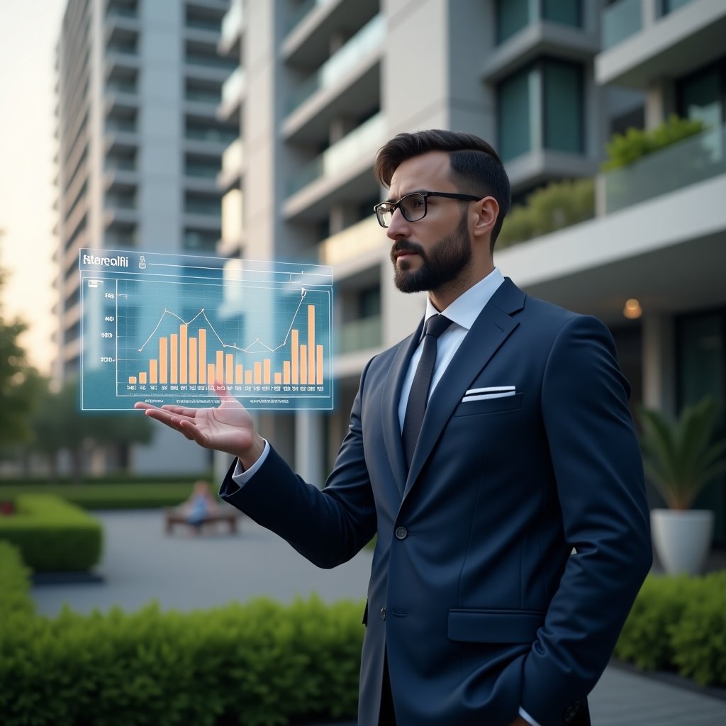 Ultra-realistic condominium manager in a tailored navy blue suit, set in a modern luxury condominium environment with high-rise buildings and manicured green landscaping, confidently presenting a floating holographic annual budget chart with glowing pie and bar graphs, cinematic lighting, shallow depth of field, highly detailed textures, realistic skin, photographic realism, 8k resolution --ar 1:1 --v 6