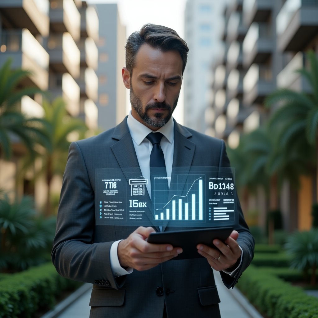 Ultra-realistic condominium property manager in a tailored charcoal gray suit, set in a modern luxury condominium environment with high-rise buildings and meticulously manicured green landscaping, reviewing digital tax forms on a tablet with a holographic overlay of financial charts and tax icons, serious and focused expression, cinematic lighting, shallow depth of field, highly detailed textures, realistic skin, photographic realism, 8k resolution --ar 1:1 --v 6