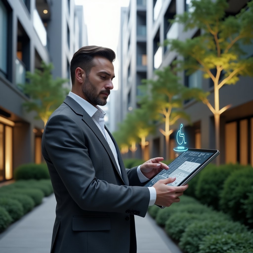 (Ultra-realistic condominium manager in a charcoal gray tailored suit, set in a modern luxury condominium environment with high-rise buildings and manicured green landscaping, mid-shot focusing on a thoughtful and confident professional holding a digital tablet displaying a 3D accessibility plan, pointing toward a wheelchair ramp with a floating holographic wheelchair icon and tactile floor indicators, cinematic lighting, shallow depth of field, highly detailed textures, realistic skin, photographic realism, 8k resolution --ar 1:1 --v 6)
