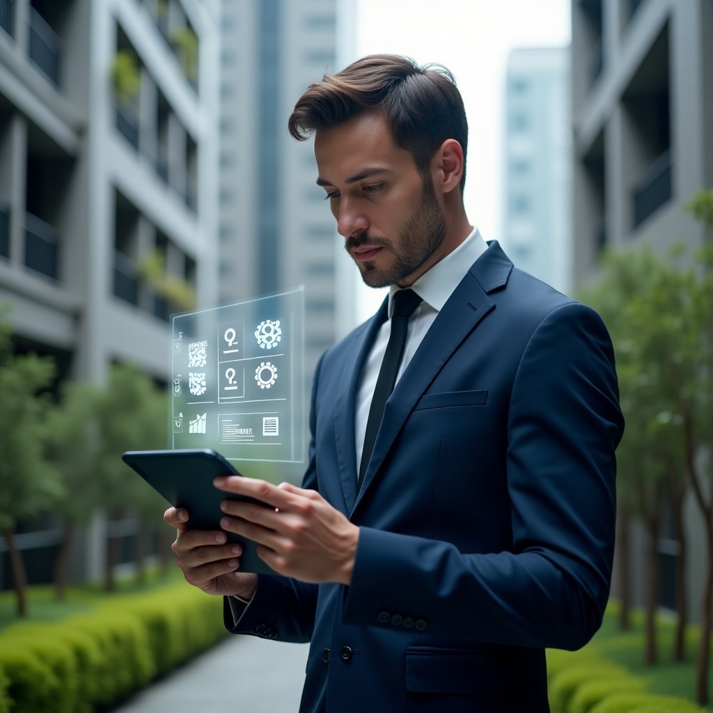(Ultra-realistic condominium manager in a navy blue executive suit, set in a modern luxury condominium environment with high-rise buildings and manicured green landscaping, confidently reviewing a tablet projecting holographic maintenance checklists and gear icons, focused and determined expression, cinematic lighting, shallow depth of field, highly detailed textures, realistic skin, photographic realism, 8k resolution --ar 1:1 --v 6)