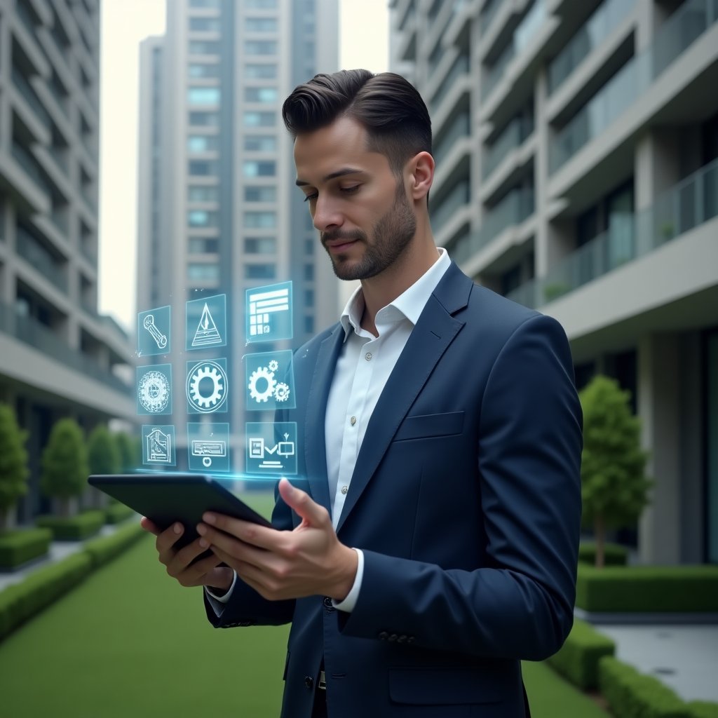 Ultra-realistic condominium manager in a sleek navy business suit, set in a modern luxury condominium environment with high-rise buildings and manicured green landscaping, holding a tablet and reviewing a holographic maintenance checklist overlay, surrounded by floating digital icons of gears, water drops and electrical circuits, confident expression, cinematic lighting, shallow depth of field, highly detailed textures, realistic skin, photographic realism, 8k resolution --ar 1:1 --v 6