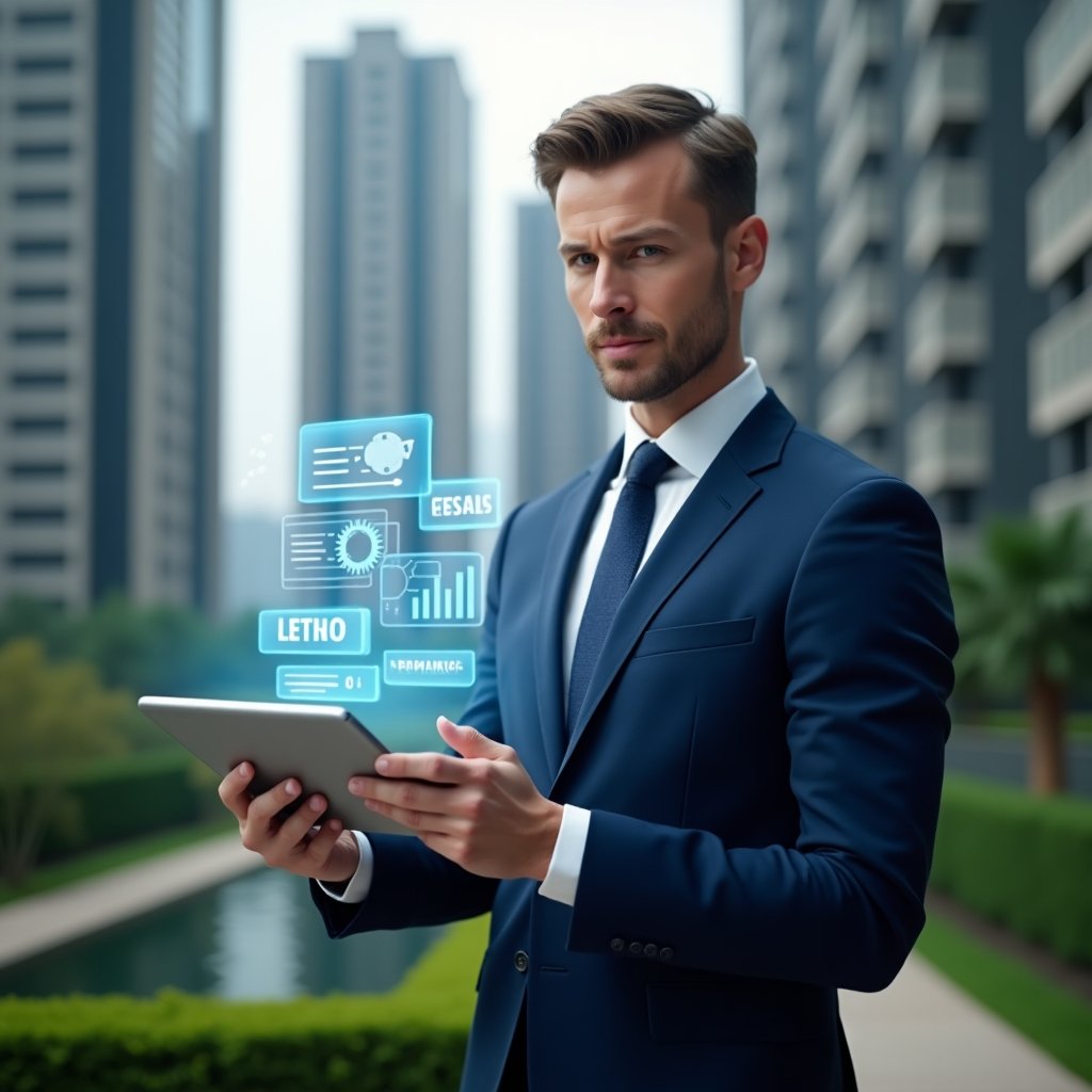 (Ultra-realistic condo manager in a navy blue suit, set in a modern luxury condominium environment with high-rise buildings and manicured green landscaping, mid-shot of the manager holding a tablet displaying holographic maintenance checklists and performance charts, translucent gear and graph icons floating nearby, confident and analytical expression, cinematic lighting, shallow depth of field, highly detailed textures, realistic skin, photographic realism, 8k resolution --ar 1:1 --v 6)