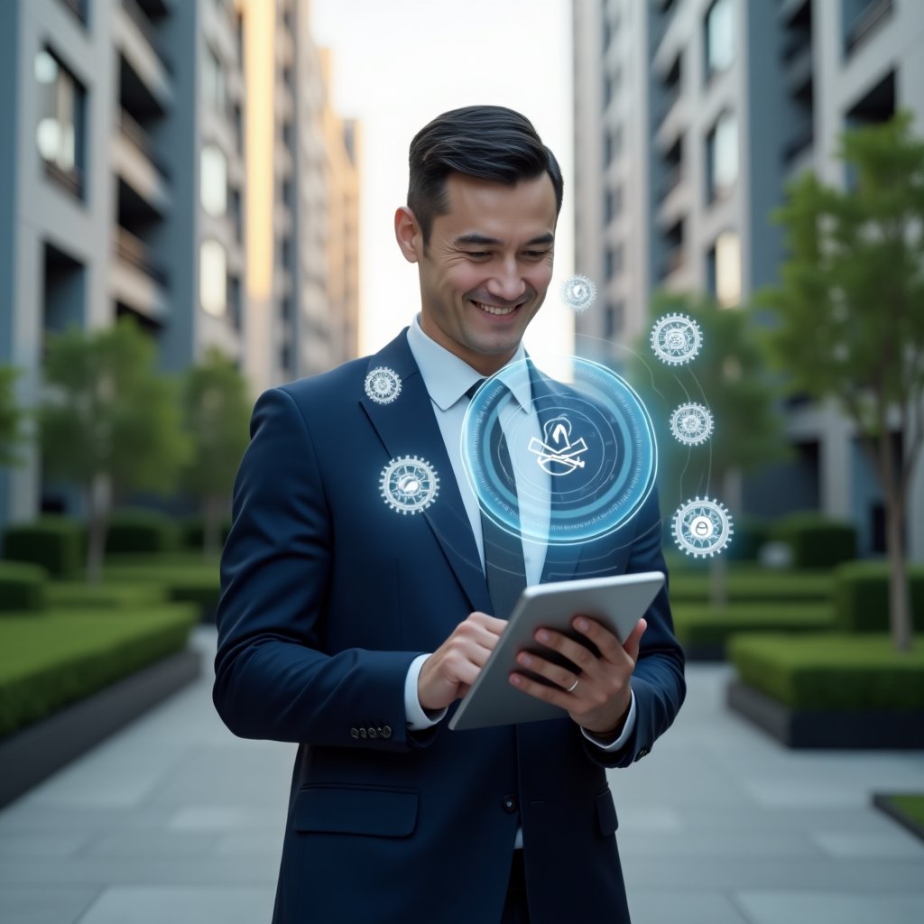 (Ultra-realistic condominium manager in a tailored navy suit, set in a modern luxury condominium environment with high-rise buildings and manicured greenery, mid shot of the professional holding a tablet displaying a maintenance checklist app, supplemented by floating holographic icons of gears, checkmarks, and building schematics, expression confident and focused, cinematic lighting, shallow depth of field, highly detailed textures, realistic skin, photographic realism, 8k resolution --ar 1:1 --v 6)
