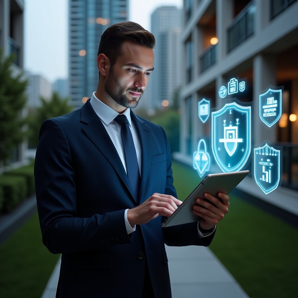 Ultra-realistic condominium manager in a dark navy suit, set in a modern luxury condominium environment with high-rise buildings and manicured green landscaping, confidently reviewing a digital tablet displaying maintenance schedules and cost-saving graphs, surrounded by holographic gear and shield icons representing preventive maintenance and security, cinematic lighting, shallow depth of field, highly detailed textures, realistic skin, photographic realism, 8k resolution --ar 1:1 --v 6