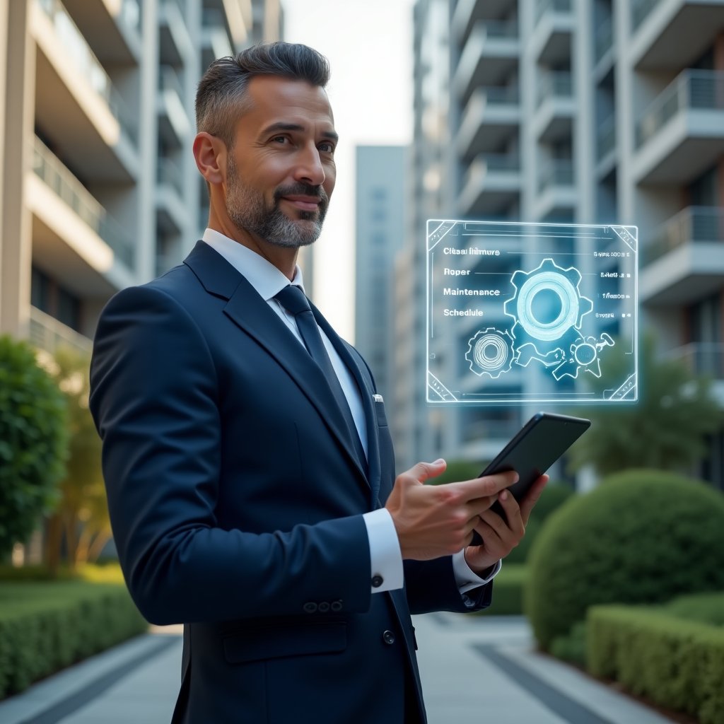 Ultra-realistic condominium manager in a navy business suit, set in a modern luxury condominium environment with high-rise buildings and lush green landscaping, medium shot of a confident professional holding a tablet and reviewing a holographic maintenance schedule, floating gear and checklist icons around, cinematic lighting, shallow depth of field, highly detailed textures, realistic skin, photographic realism, 8k resolution --ar 1:1 --v 6