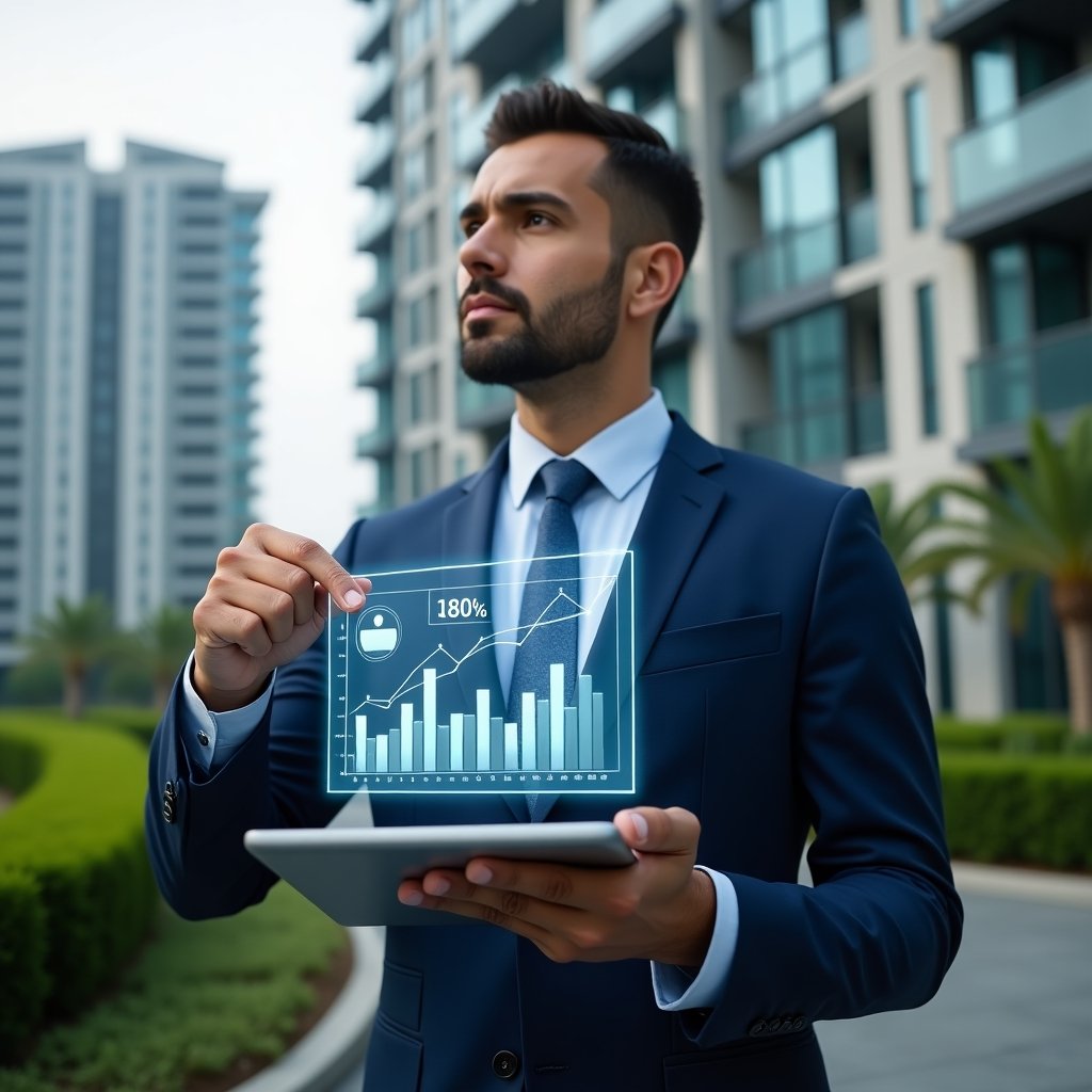 Ultra-realistic condo manager in a navy blue business suit, set in a modern luxury condominium environment with high-rise buildings and lush green landscaping, holding a tablet displaying holographic financial charts and budget approval icons, pointing at floating graphs symbolizing cost management, confident and thoughtful expression, cinematic lighting, shallow depth of field, highly detailed textures, realistic skin, photographic realism, 8k resolution --ar 1:1 --v 6
