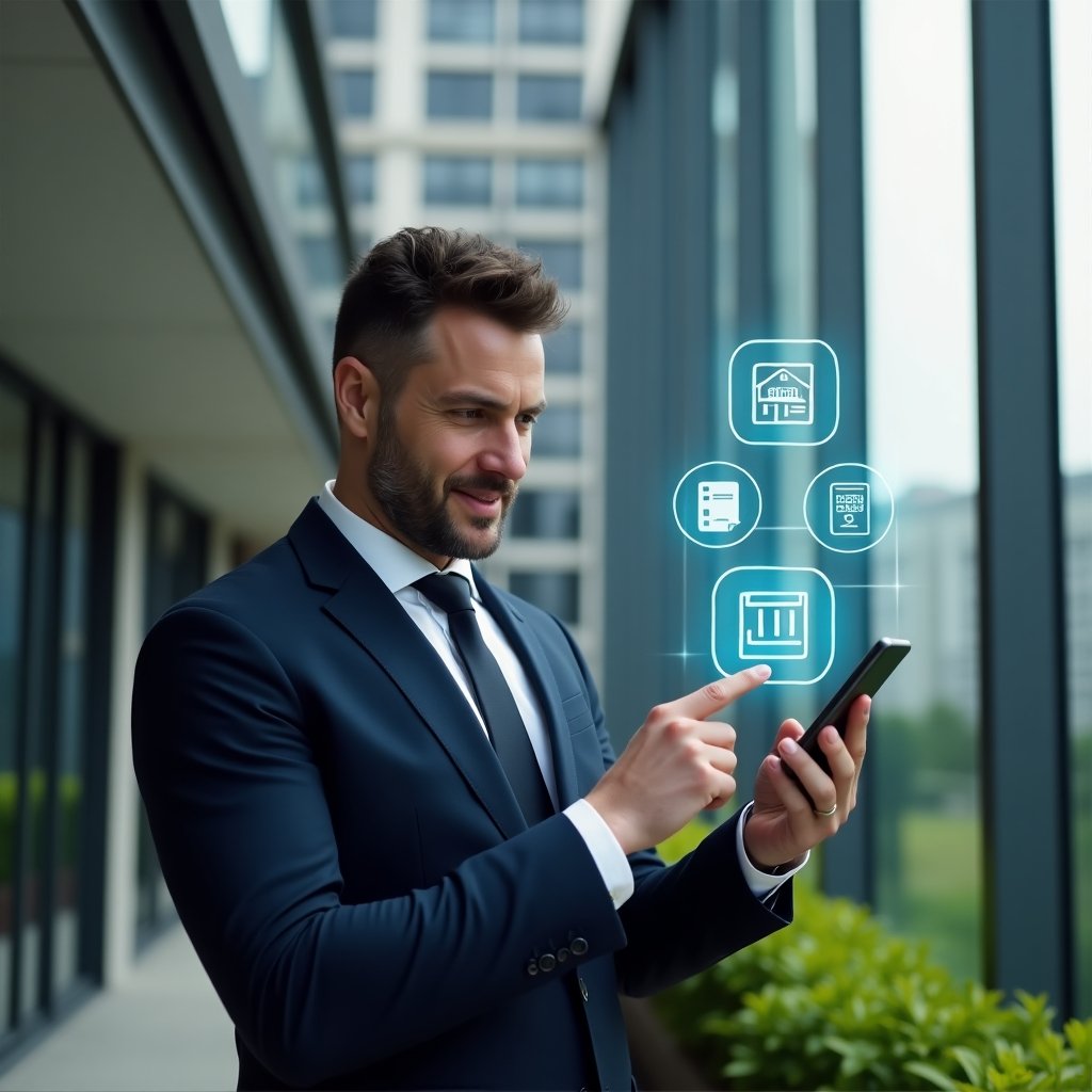 (Ultra-realistic lawyer in a navy suit, set in a modern luxury condominium environment with high-rise buildings and green landscaping, confidently reviewing a smartphone while pointing at a floating holographic condo management checklist and legal icons, cinematic lighting, shallow depth of field, highly detailed textures, realistic skin, photographic realism, 8k resolution --ar 1:1 --v 6)
