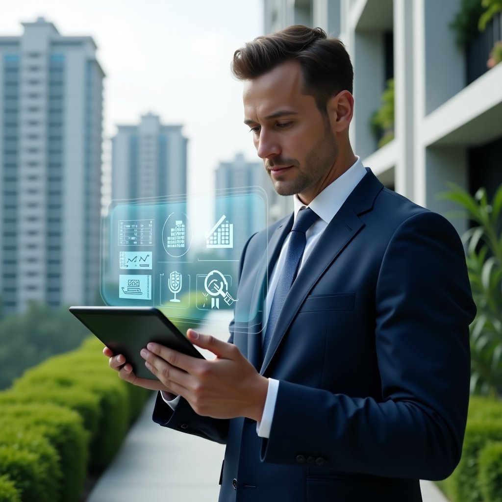 Ultra-realistic condominium manager in a tailored navy blue suit, set in a modern luxury condominium environment with high-rise buildings and lush green landscaping, mid-shot of the professional analyzing a floating holographic checklist and performance graphs above a tablet, with apartment icons and communication bubbles integrated into the scene, confident and determined expression, cinematic lighting, shallow depth of field, highly detailed textures, realistic skin, photographic realism, 8k resolution --ar 1:1 --v 6