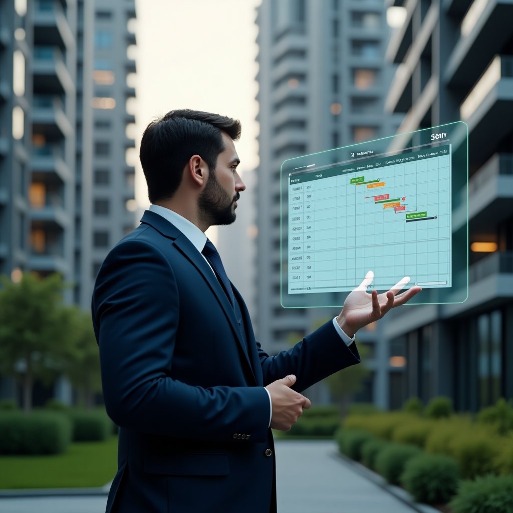 (Ultra-realistic condominium manager in a sharp navy suit, set in a modern luxury condominium environment with high-rise buildings and manicured green landscaping, examining a holographic Gantt chart projection while gesturing toward floating Excel spreadsheet icons and collaborative workflow symbols, confident and focused expression, cinematic lighting, shallow depth of field, highly detailed textures, realistic skin, photographic realism, 8k resolution --ar 1:1 --v 6)