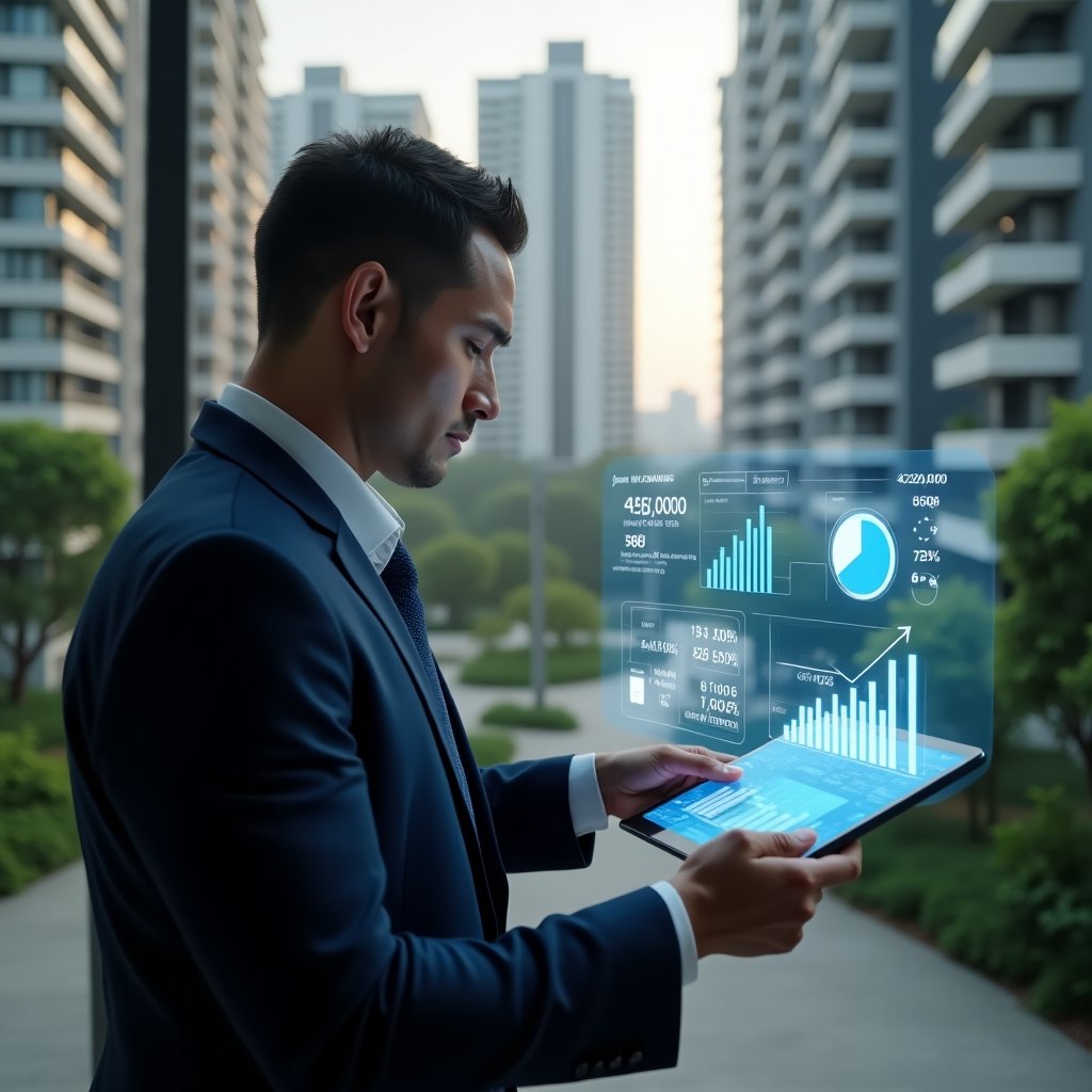 Ultra-realistic condominium manager in a tailored navy blue suit, set in a modern luxury condominium environment with high-rise buildings and meticulously landscaped greenery, thoughtful pose reviewing a holographic financial dashboard projected above a tablet, floating bar charts, pie charts and currency symbols, cinematic lighting, shallow depth of field, highly detailed textures, realistic skin, photographic realism, 8k resolution --ar 1:1 --v 6